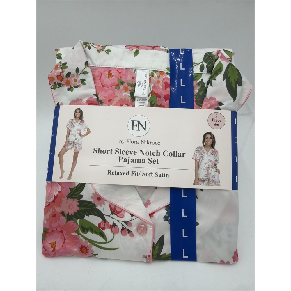 FN by Flora Nikrooz Short Sleeve Notch Collar Satin Pajama Set - Pink Floral